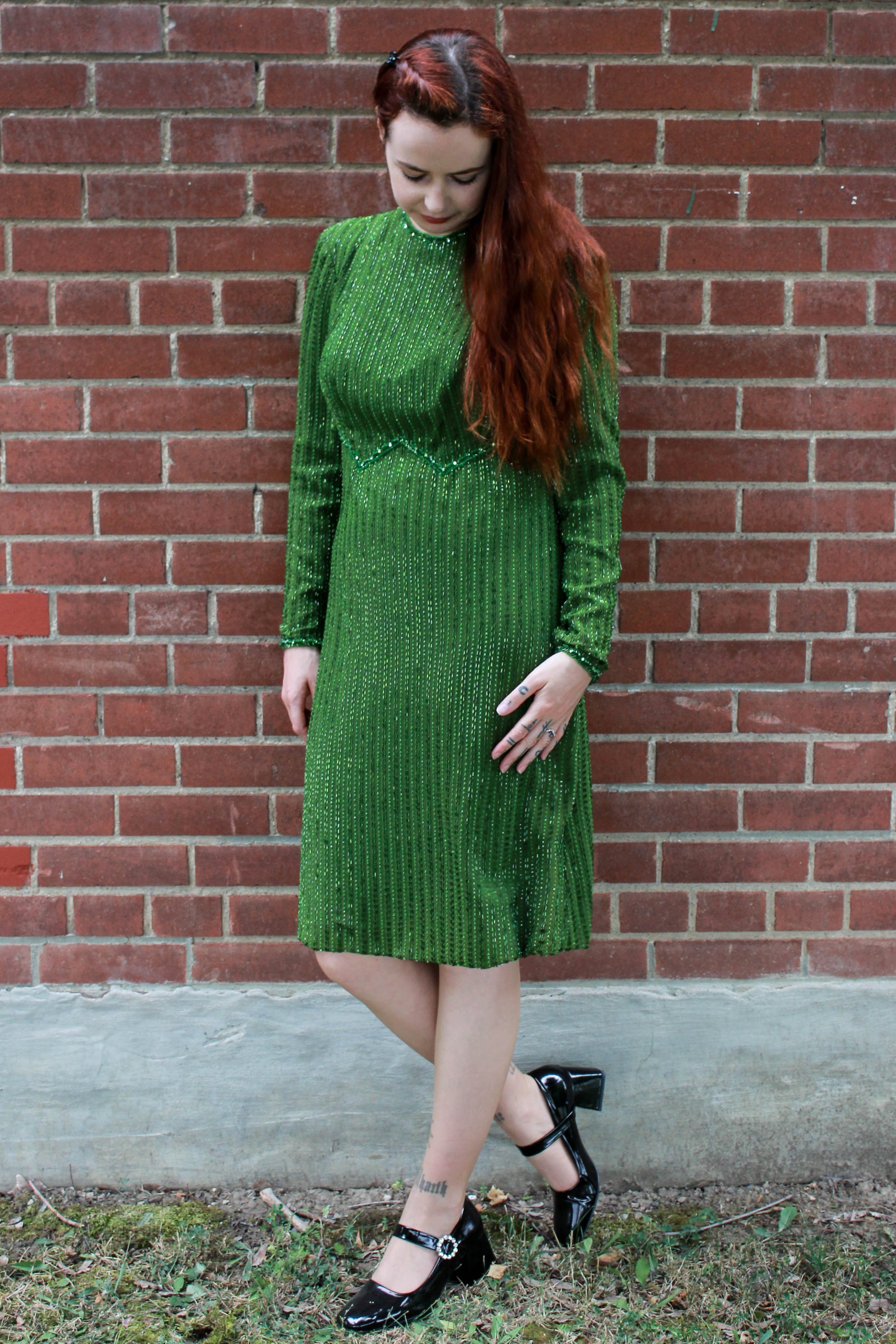 Cozy Fall Outfit: Brick Red Sweater, Forest Green Tights