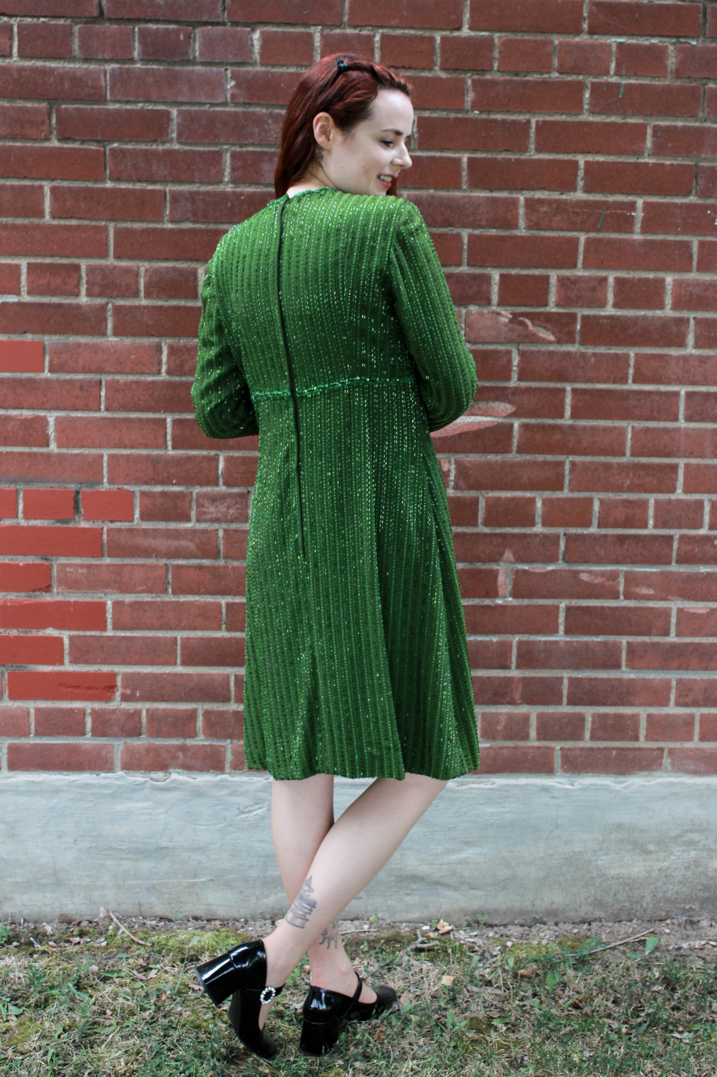 Vintage 1960s Green Fully Beaded Long-Sleeve Dress, Medium