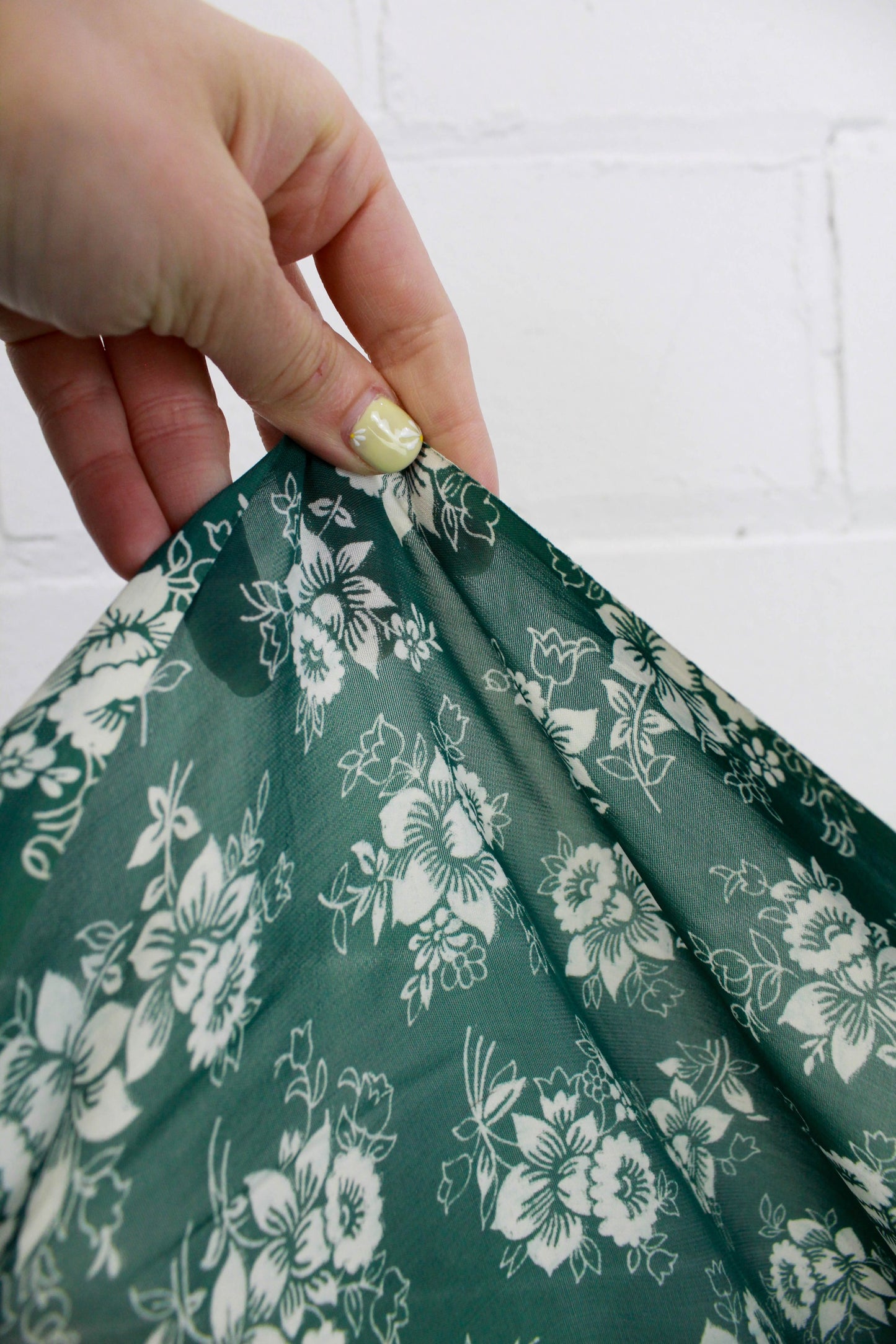1940s Green Floral Nylon Fabric, 6.5 Yards, Green and White Flower Print