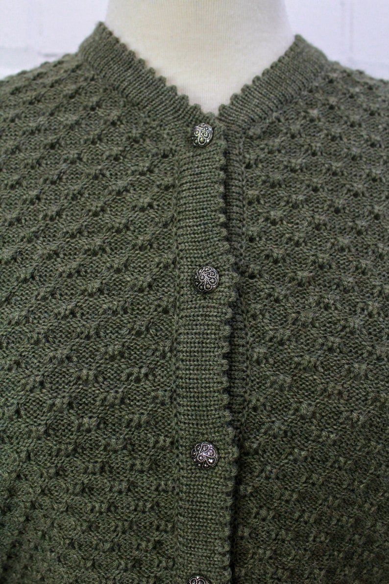 80s popcorn knit wool austrian cardigan, deadstock, olive green