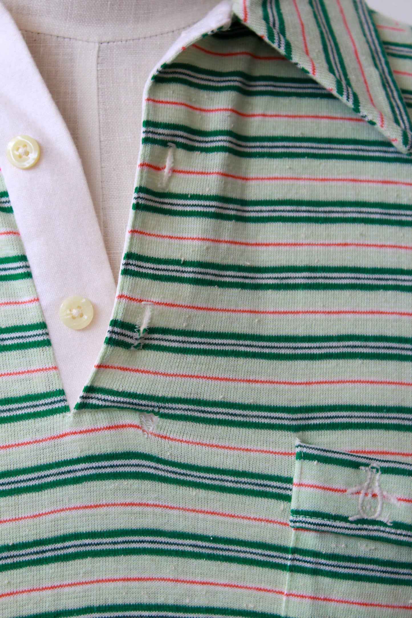 1970s Green and White Striped Knit Polo, Medium