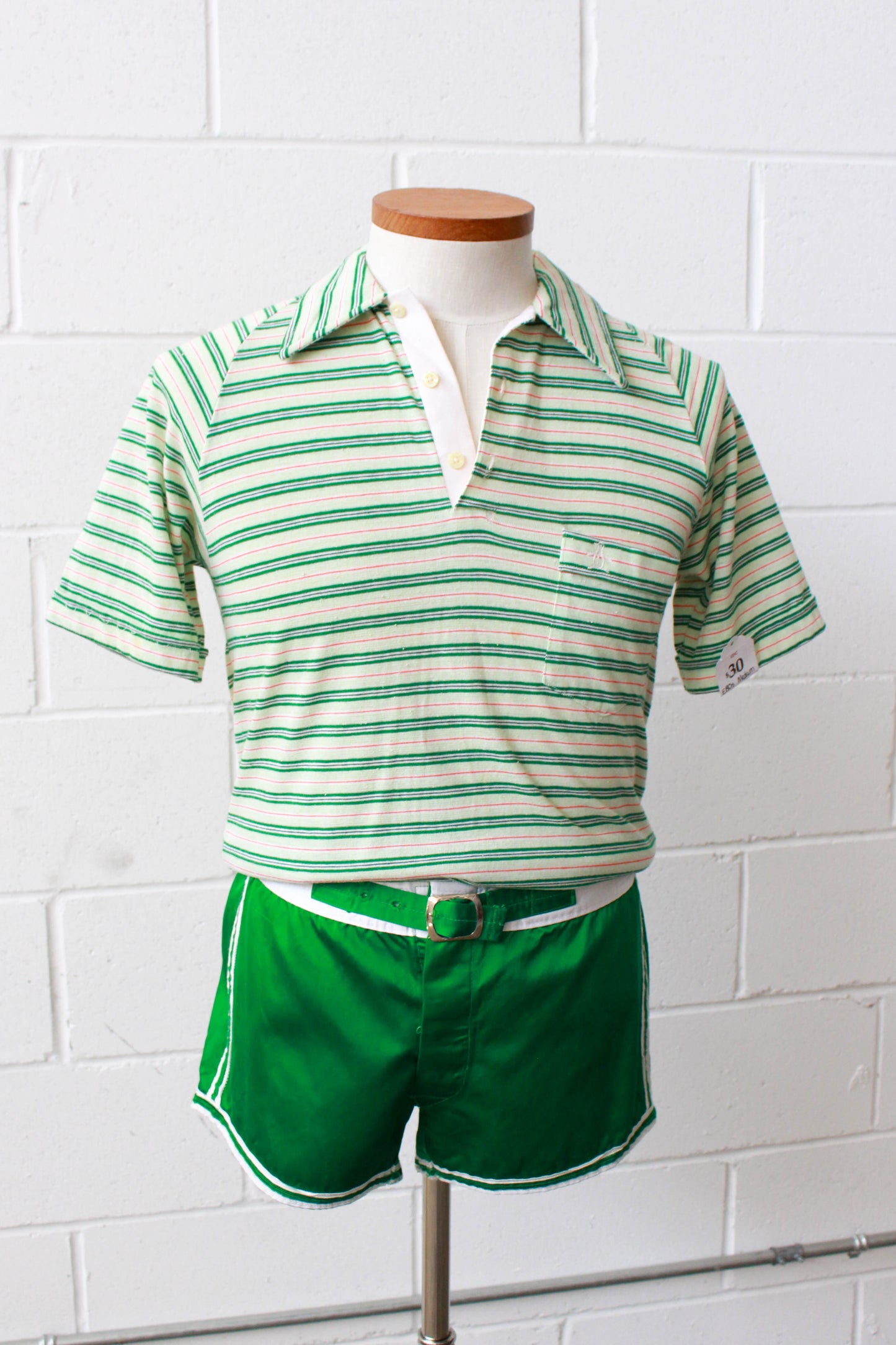 1970s Green and White Striped Knit Polo, Medium
