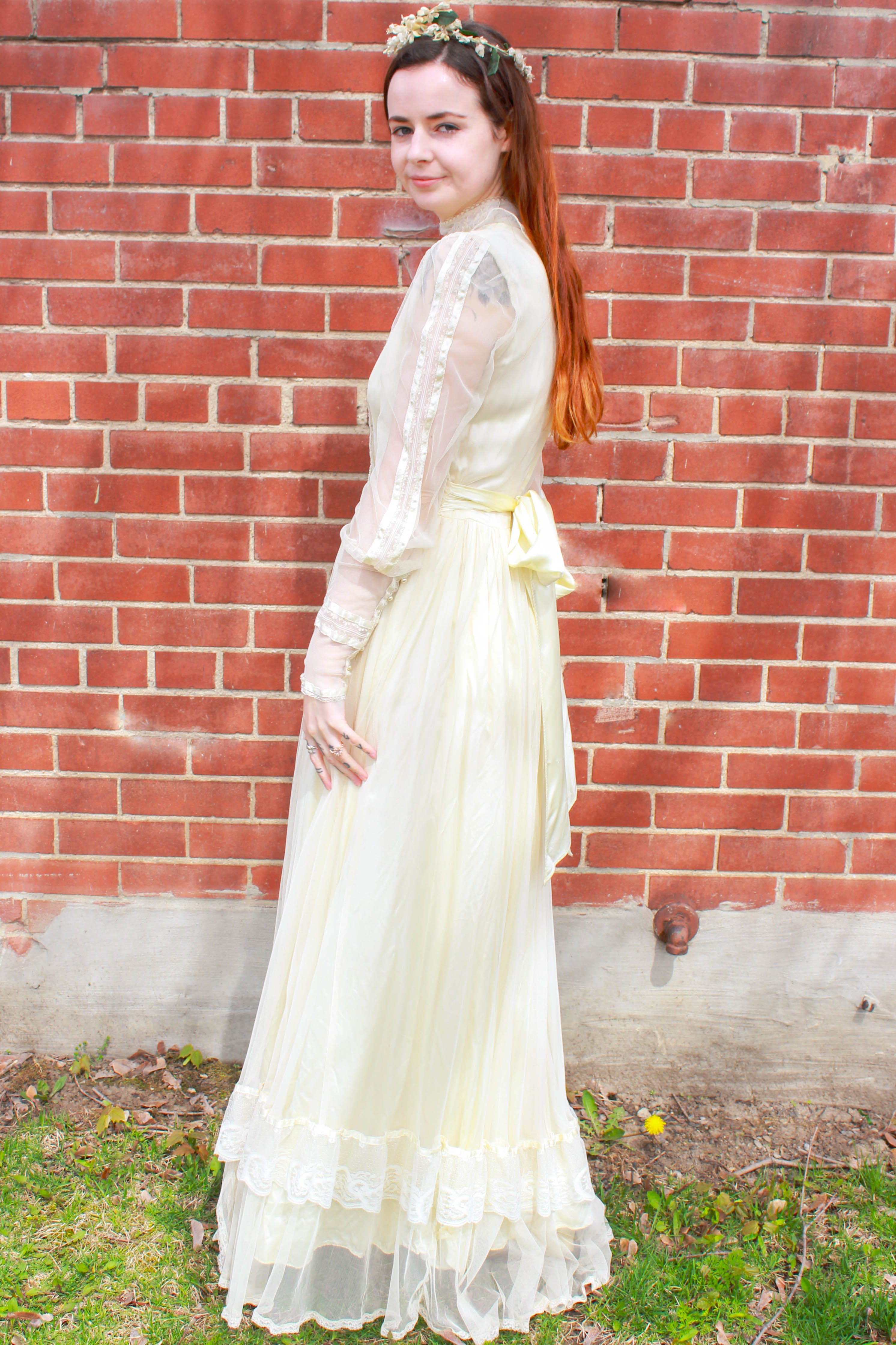 Vintage 1970s Gunne Sax Ivory Edwardian-Style Wedding Dress, Medium