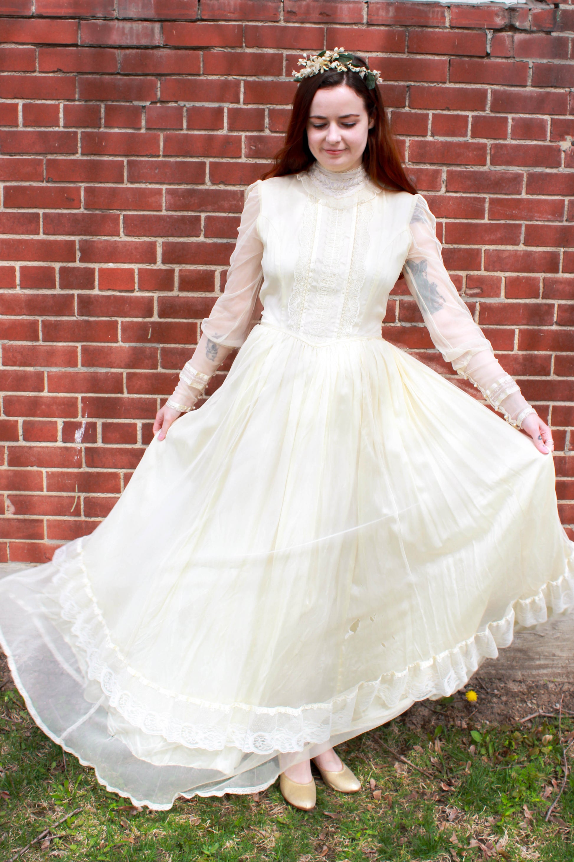 Vintage 1970s Gunne Sax Ivory Edwardian-Style Wedding Dress, Medium