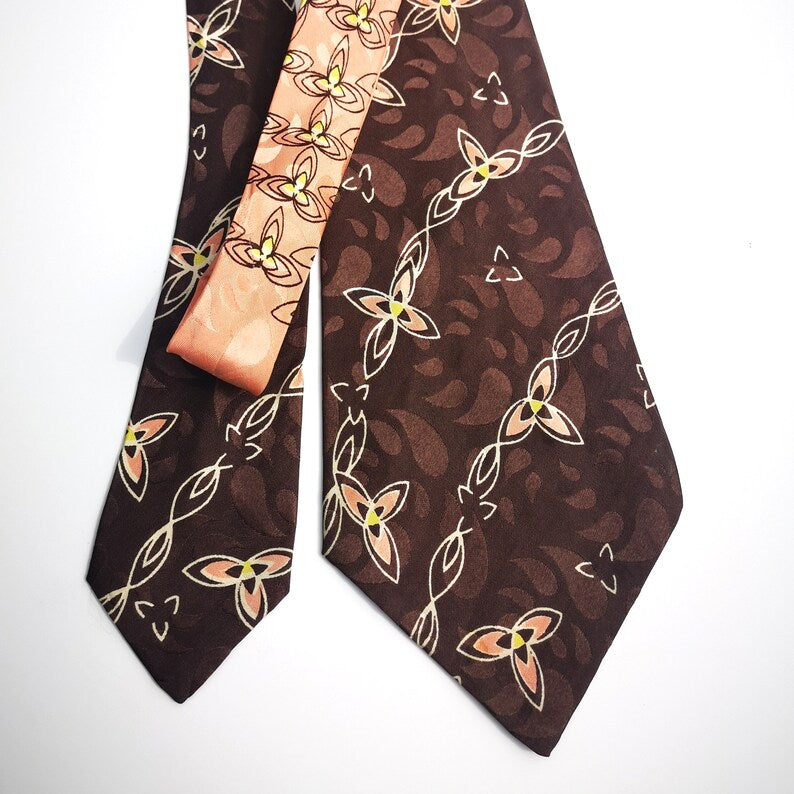 1940s silk necktie wide tongue, peach and brown abstract print