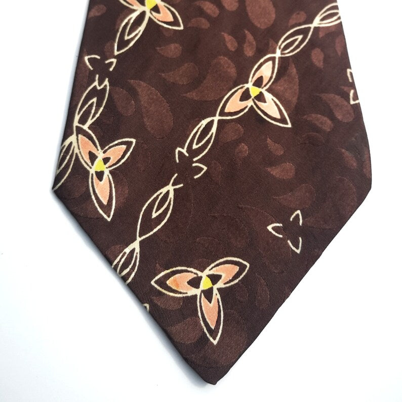 1940s silk necktie wide tongue, peach and brown abstract print