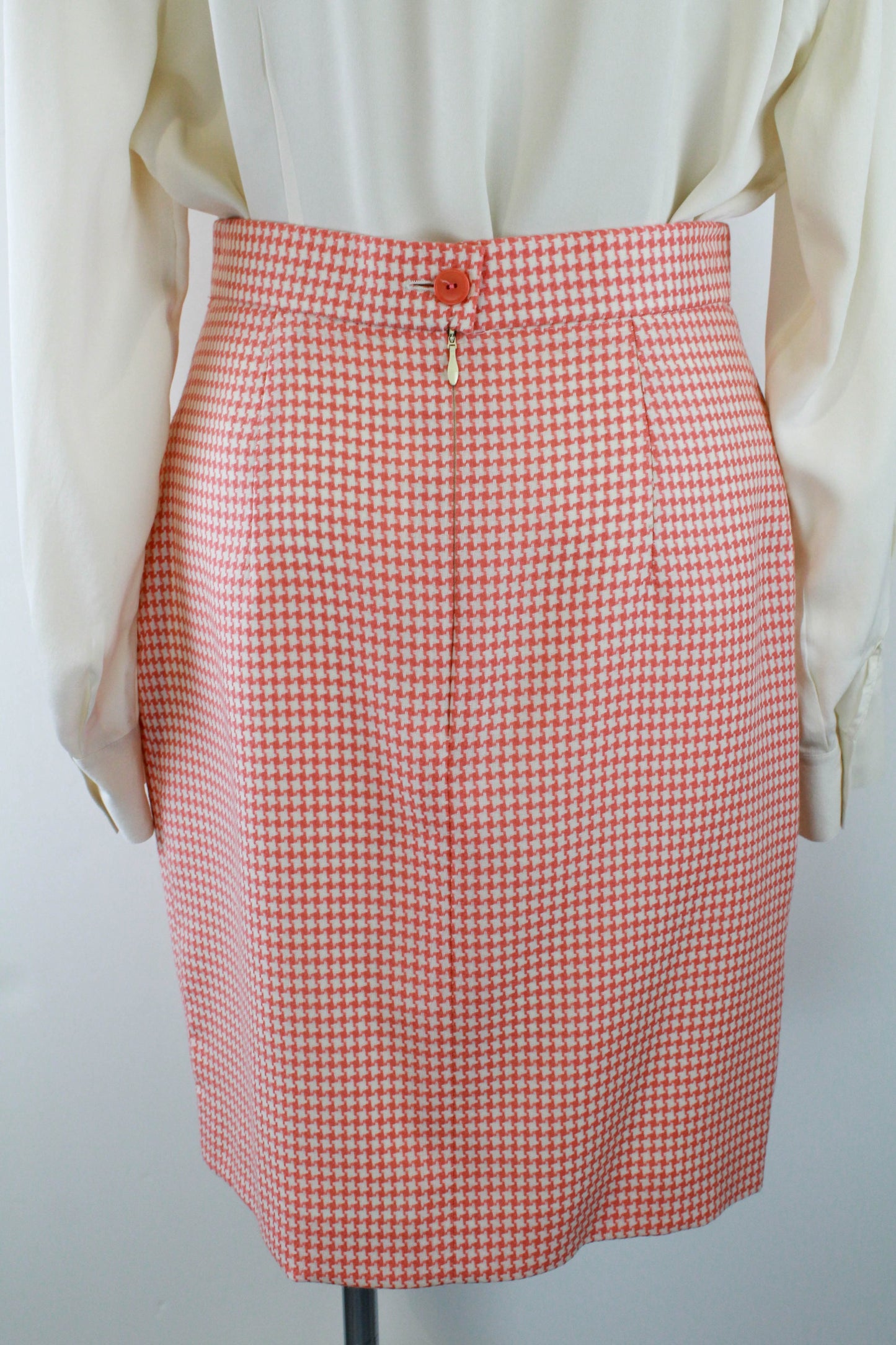 1990s Karl Lagerfeld Peach Pink Houndstooth Skirt Suit
