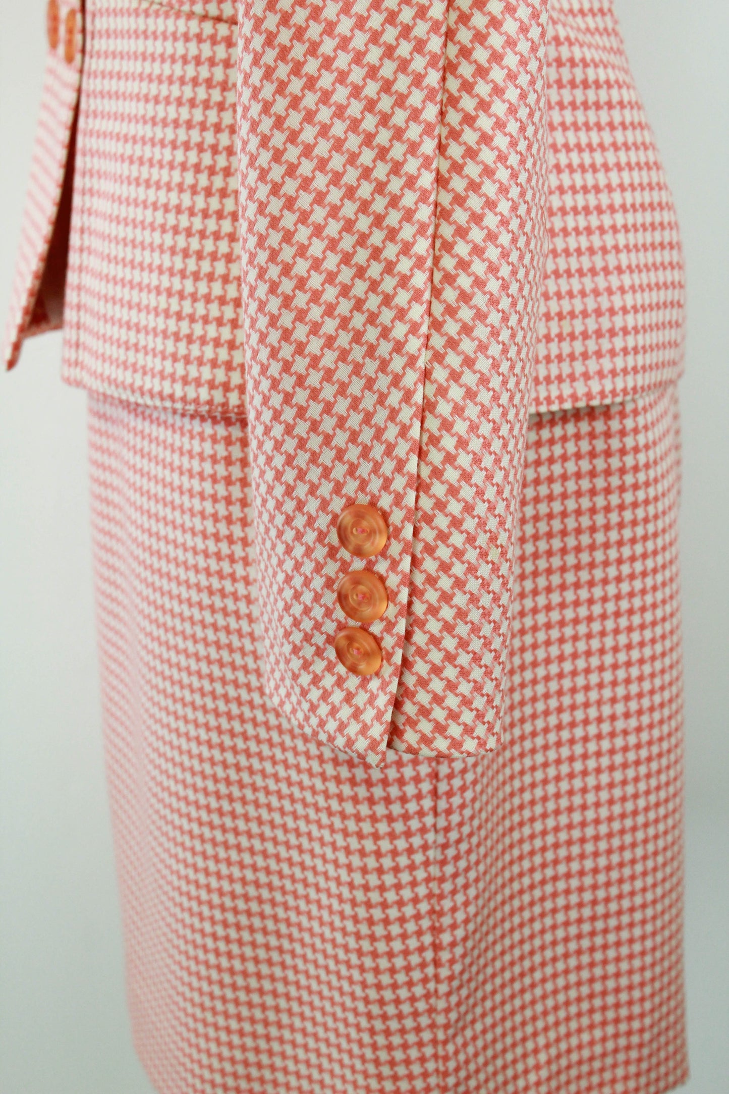 Vintage 1990s Karl Lagerfeld Peach Pink Houndstooth Skirt Suit, Medium
