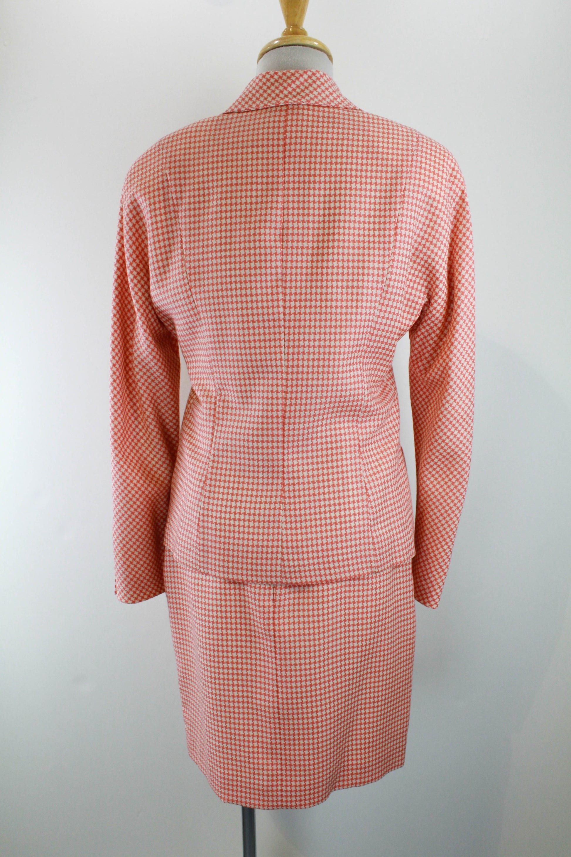 1990s vintage karl lagerfeld peach pink houndstooth wool skirt suit