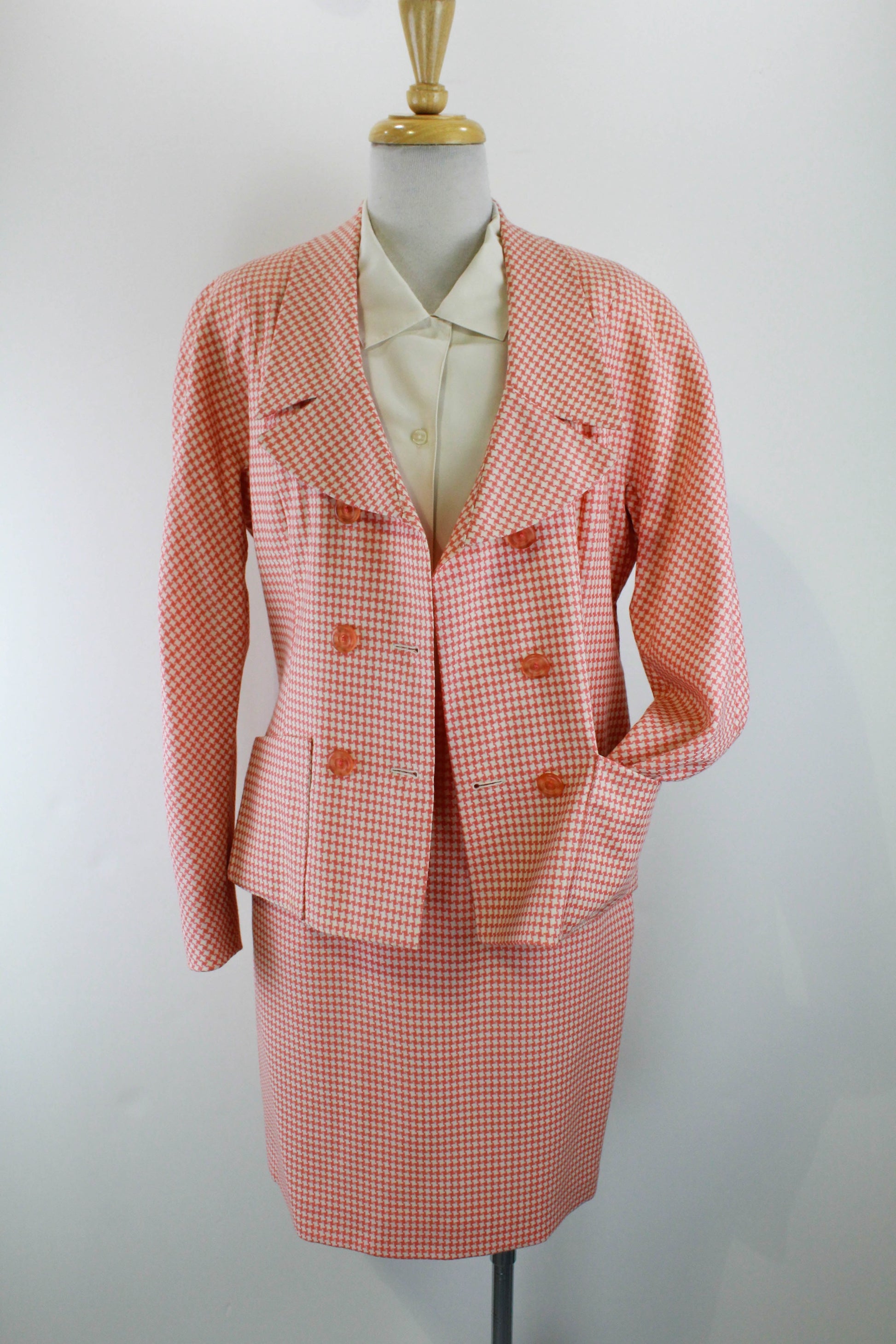 1990s vintage karl lagerfeld peach pink houndstooth wool skirt suit