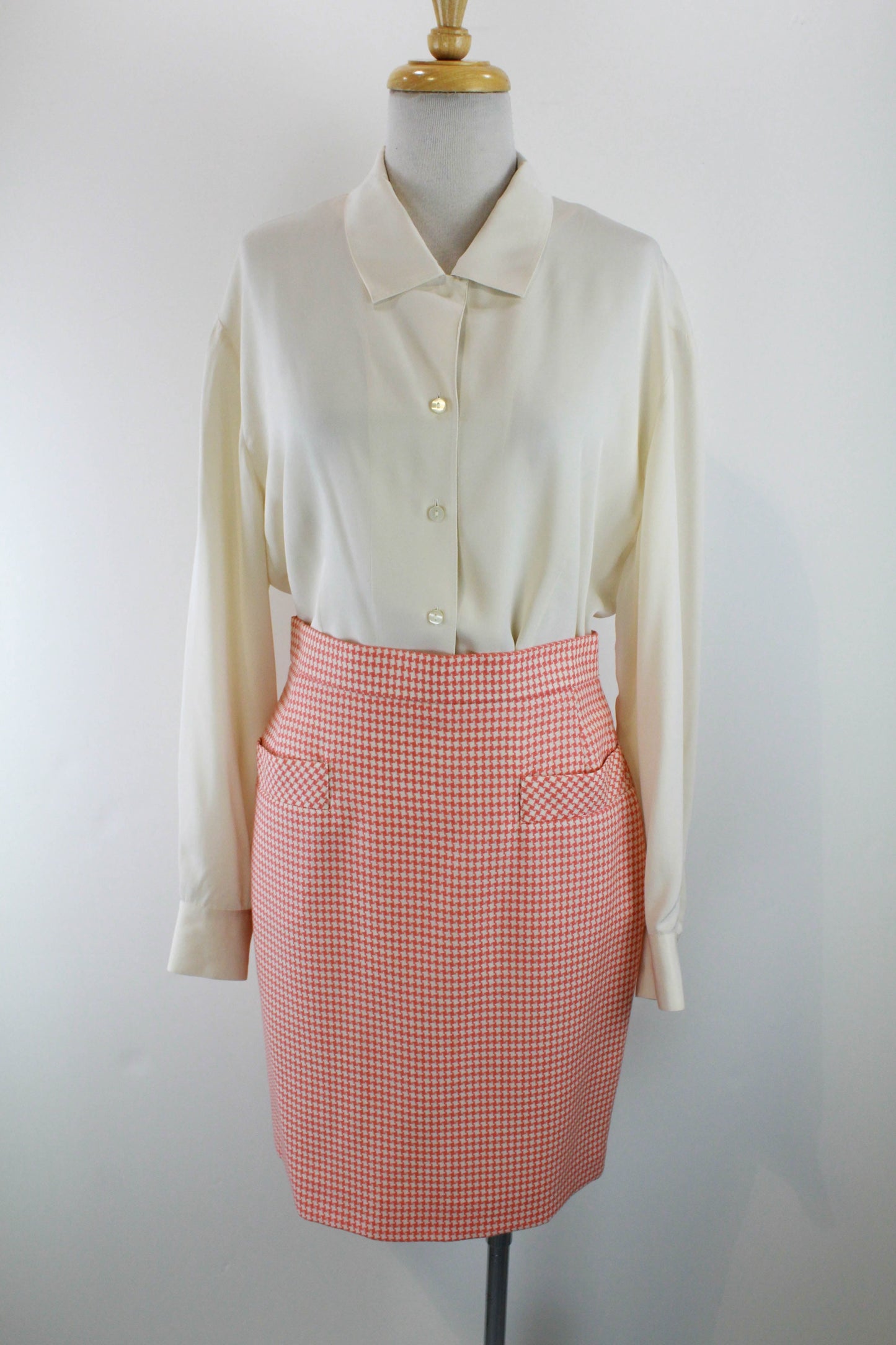 Vintage 1990s Karl Lagerfeld Peach Pink Houndstooth Skirt Suit, Medium