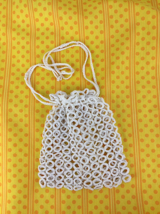 Edwardian Purse, 1900s White Hand Crocheted Drawstring Pouch Purse, Dainty Ladies Evening Bag, Antique Wedding or Garden Party Accessories
