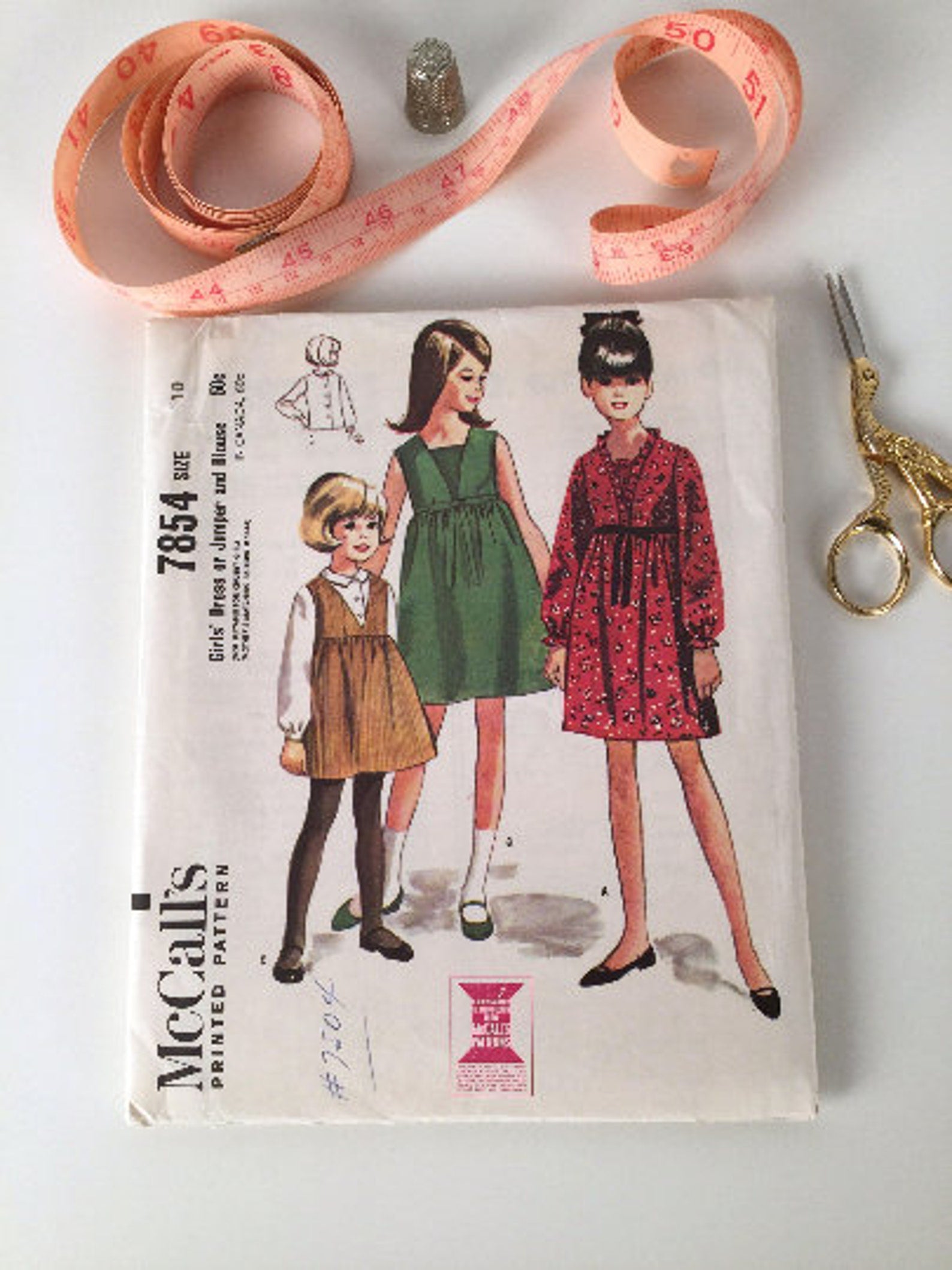 Vintage 1960s Girls' Dress & Blouse Sewing Pattern, McCalls 7854, Uncut, Complete, B28/ W24"