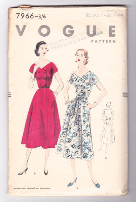 VINTAGE 1950's Women's Cocktail Dress Pattern, 50's Sewing Pattern, Vintage Vogue Pattern, Vogue 7966, B32", H35", Cut Complete