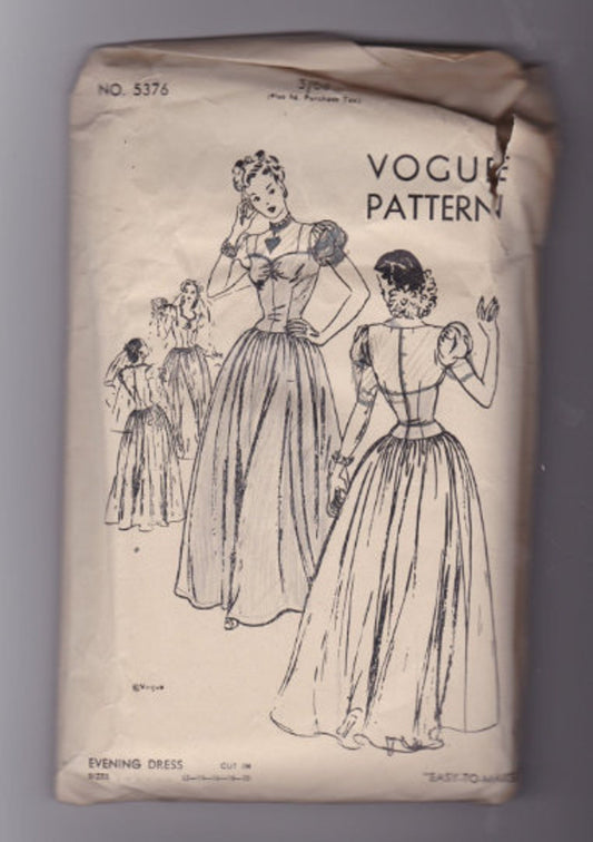 1940s Women's Evening Dress Pattern Vogue 5376, Vintage Sewing B34", H37" Full Skirt, Long Fitted Bodice, Sweetheart Neckline, Vogue Pattern