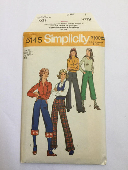 VINTAGE 70s Pattern, Bell Bottoms Pattern, Vintage Womens Pants Pattern, Simplicity Pattern 5145, Hip Hugger Pattern, 3 Styles, UNCUT, W25"