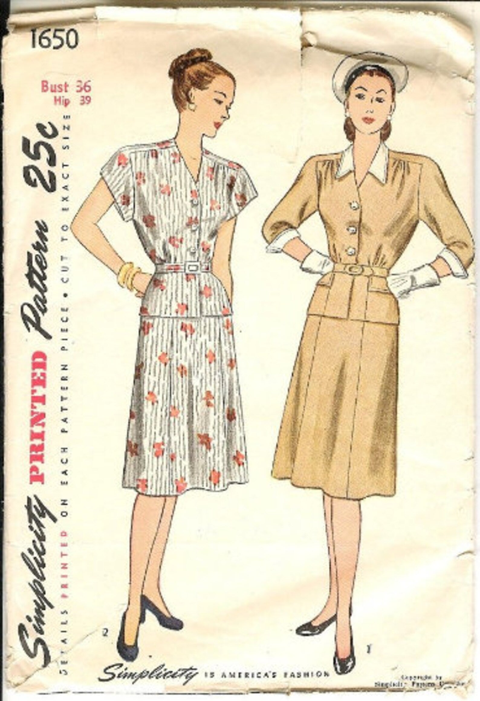 VINTAGE 40s Pattern, Sewing Pattern, Simplicity 1650, Womens Dress Pattern, 40s Day Dress, 2 Styles, B36", H39", Complete, 40s Dress Pattern