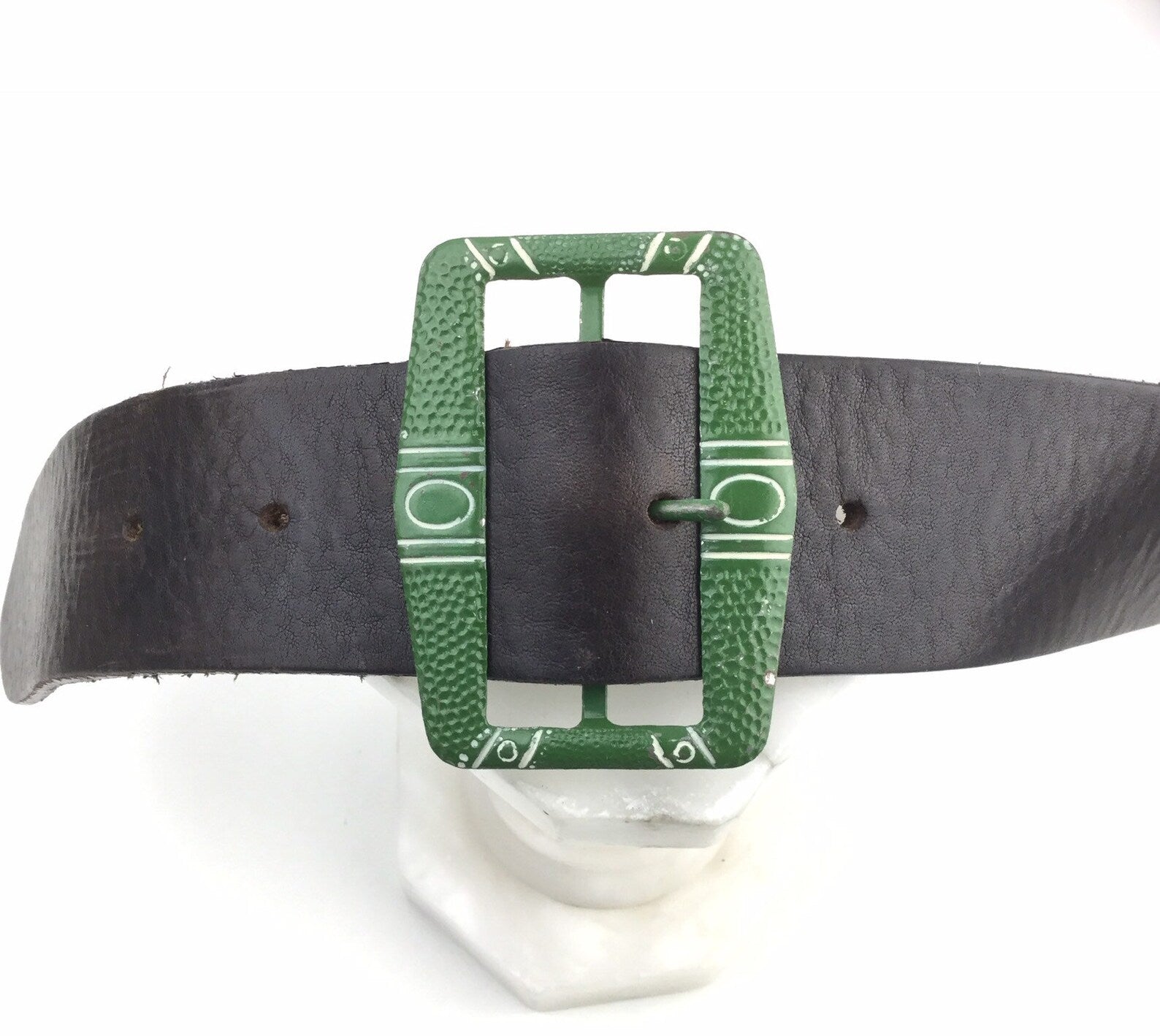 1920s Green Painted Belt Buckle, Antique Art Deco Flapper Belt Buckle, Rectangular Engraved Metal Buckle, 2.5", Vintage Accessory