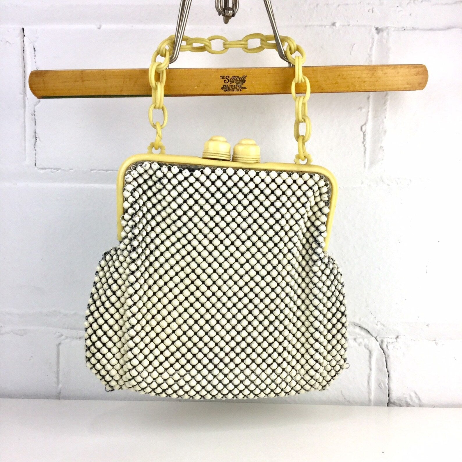 Vintage 1940s White Cream Enamel Alumesh Handbag, Whiting and