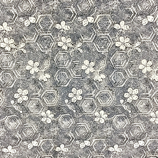 Vintage 50's Grey Floral Geometric Cotton Fabric Yardage, 10+ Yards, W 37", Hexagons and Flowers, Large Quantity Sold as Complete Lot