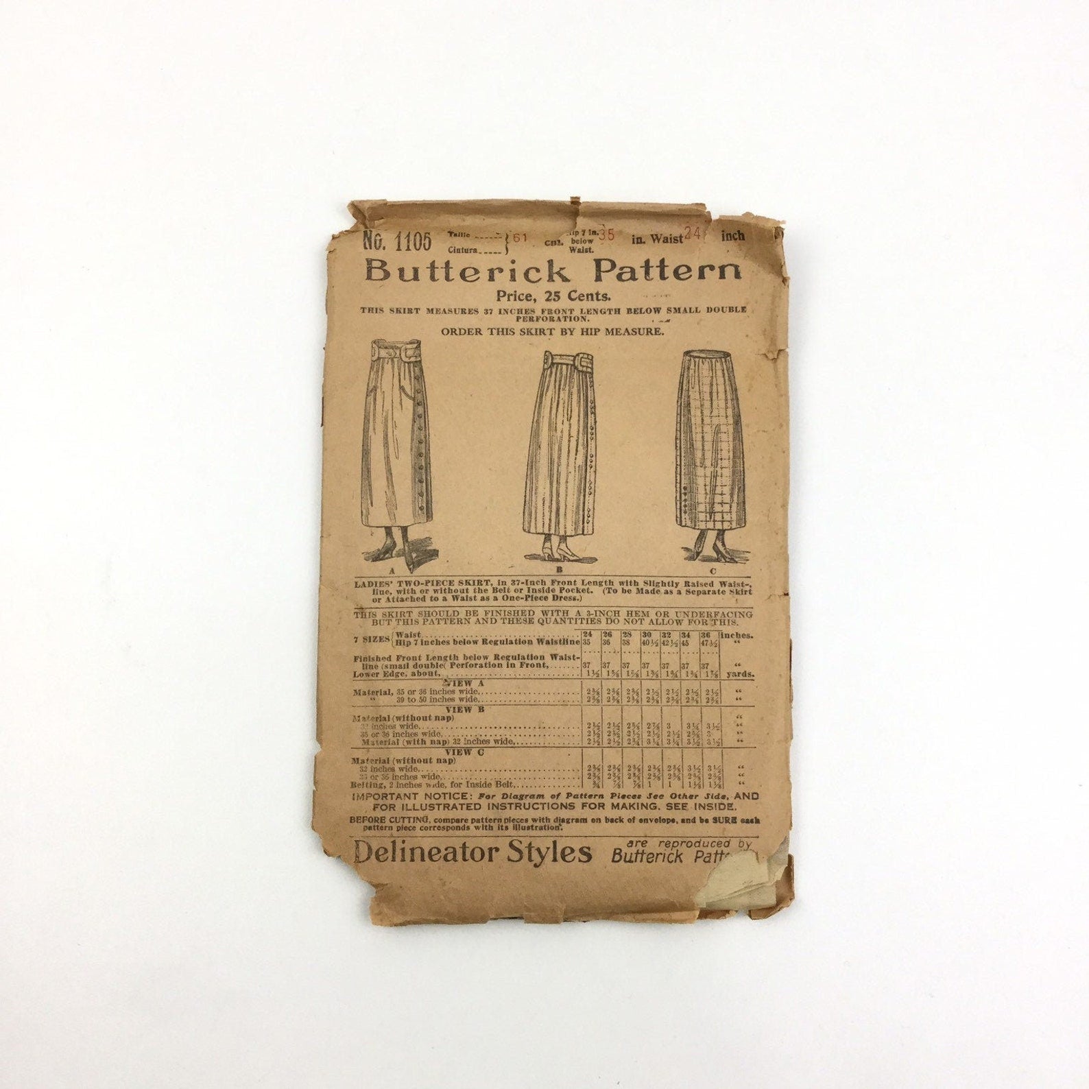 Teens/Edwardian Sewing Pattern 1910s Butterick 1105 Skirt Pattern, Antique Delineator Cut Complete Pattern, High Waist Straight Skirt, W24