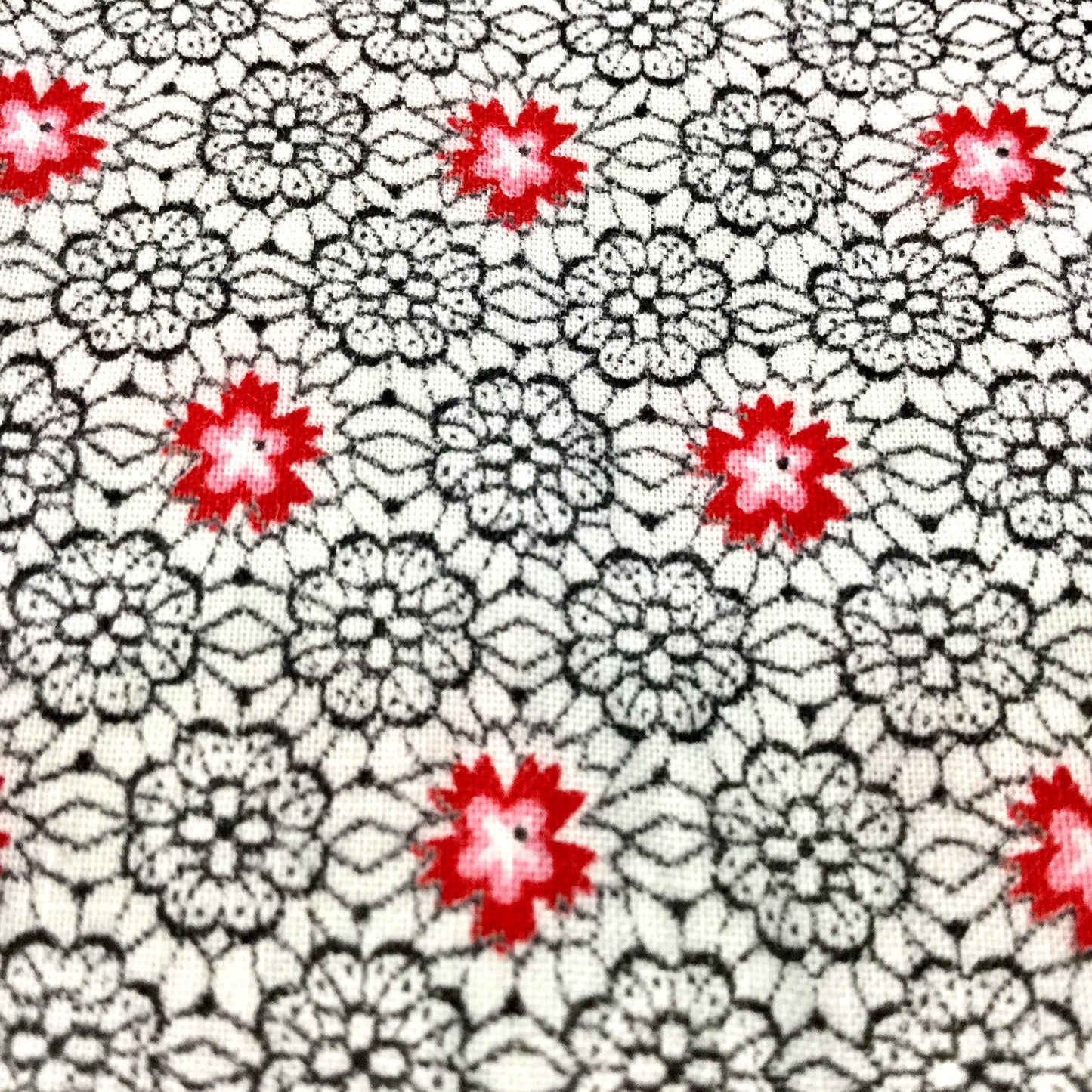 1950s Red Floral Cotton Fabric, Vintage Red Black White Floral Print, Sold as a Whole, 8Y 30", W34", Fine Percale, Quilting Fabric