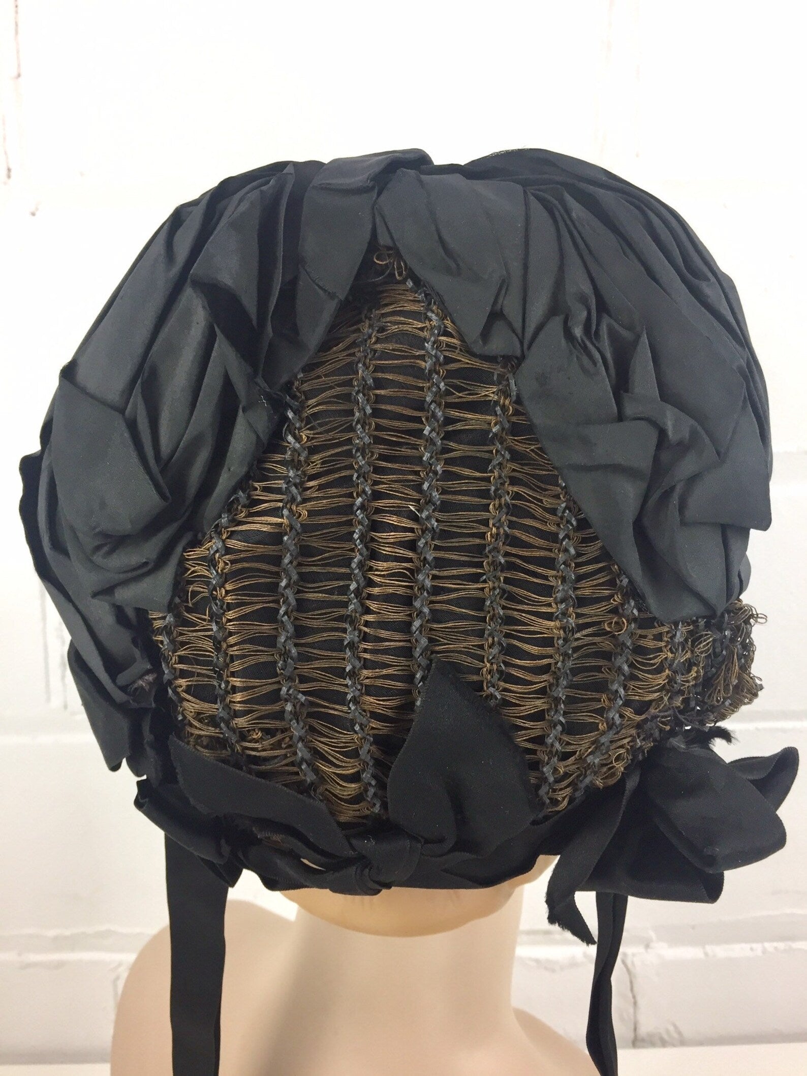 Antique Victorian Black Mourning Bonnet Cap with Brown & Black Ribbon Trim, Strong Wire Frame, Vintage Womens Bonnets