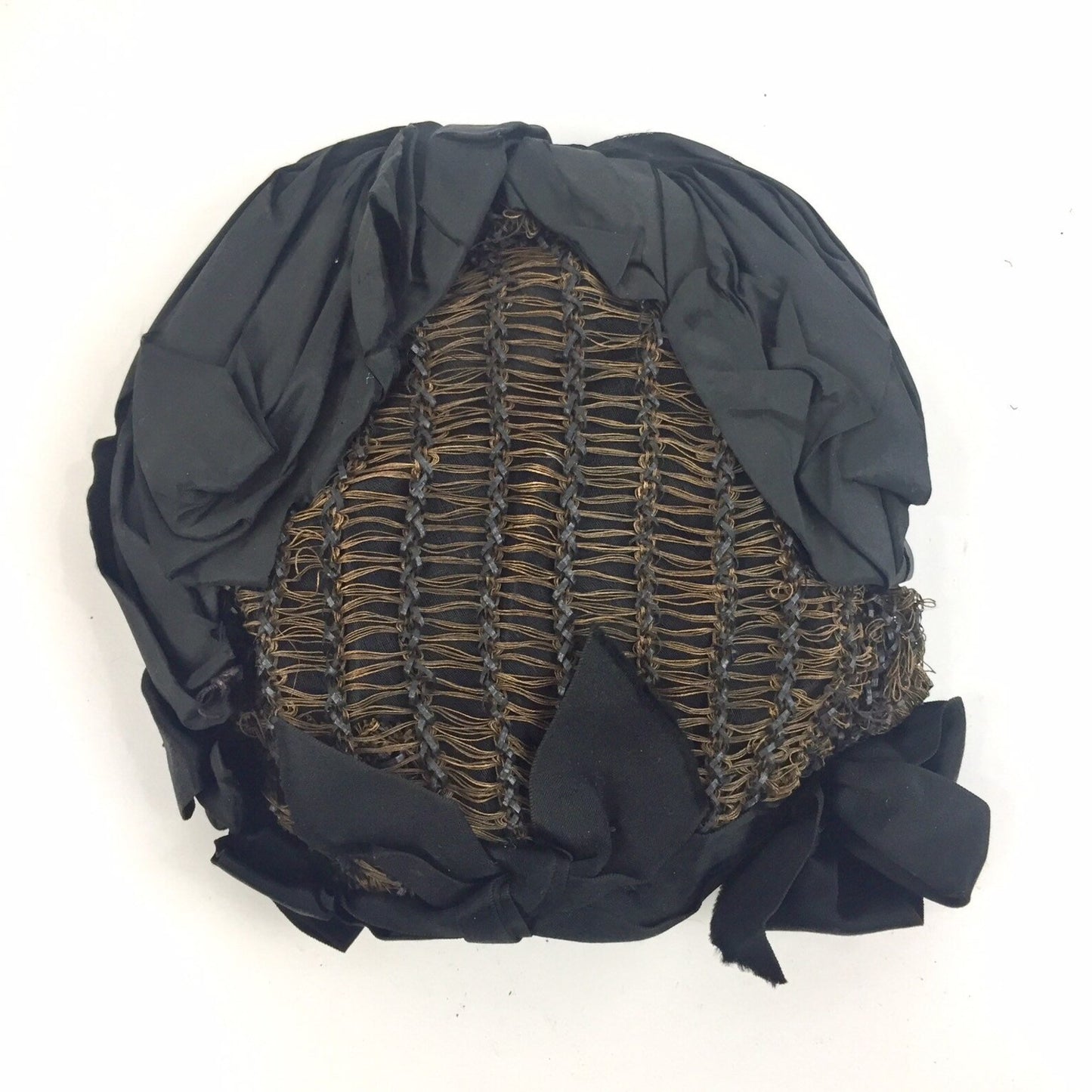 Antique Victorian Black Mourning Bonnet Cap with Brown & Black Ribbon Trim, Strong Wire Frame, Vintage Womens Bonnets