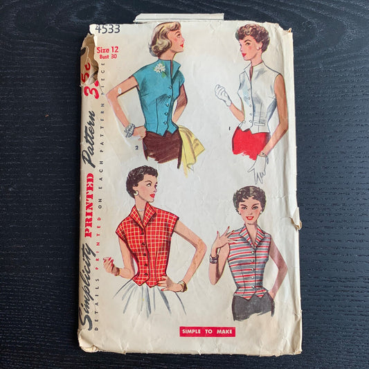 1950s Blouse Sewing Pattern Simplicity 4533. Vintage 50s Junior Misses' and Misses' Weskit Blouse, 1950s Blouse Pattern, Size 12, Bust 30"