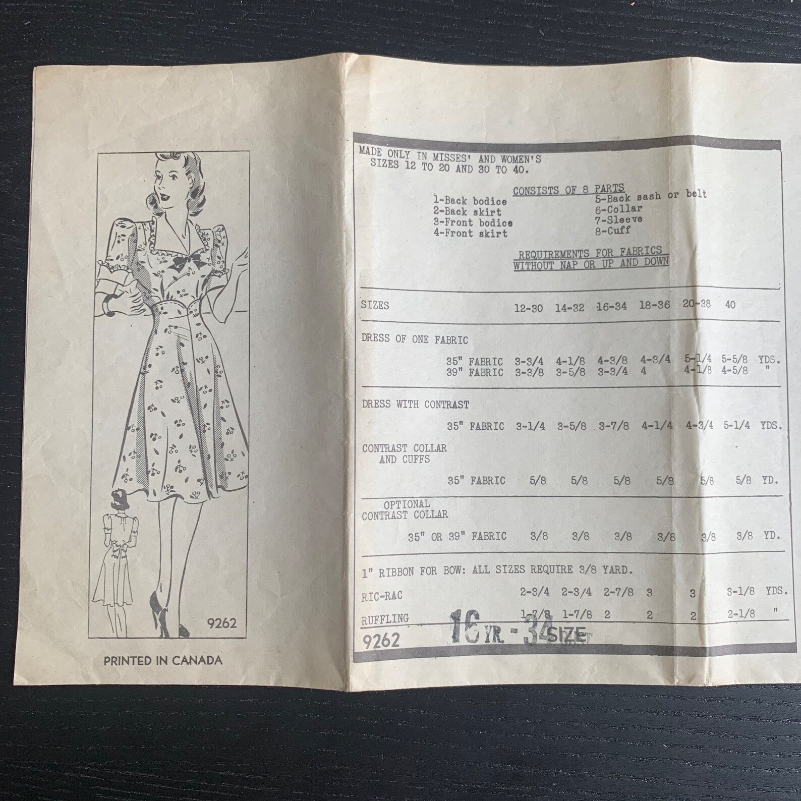 VINTAGE 1940s Marian Martin Mail Order Sewing Pattern 9262, Puff Sleeve Flared Skirt Dress with Collar, Size 16, Bust 34" Waist 28" Hip 37"