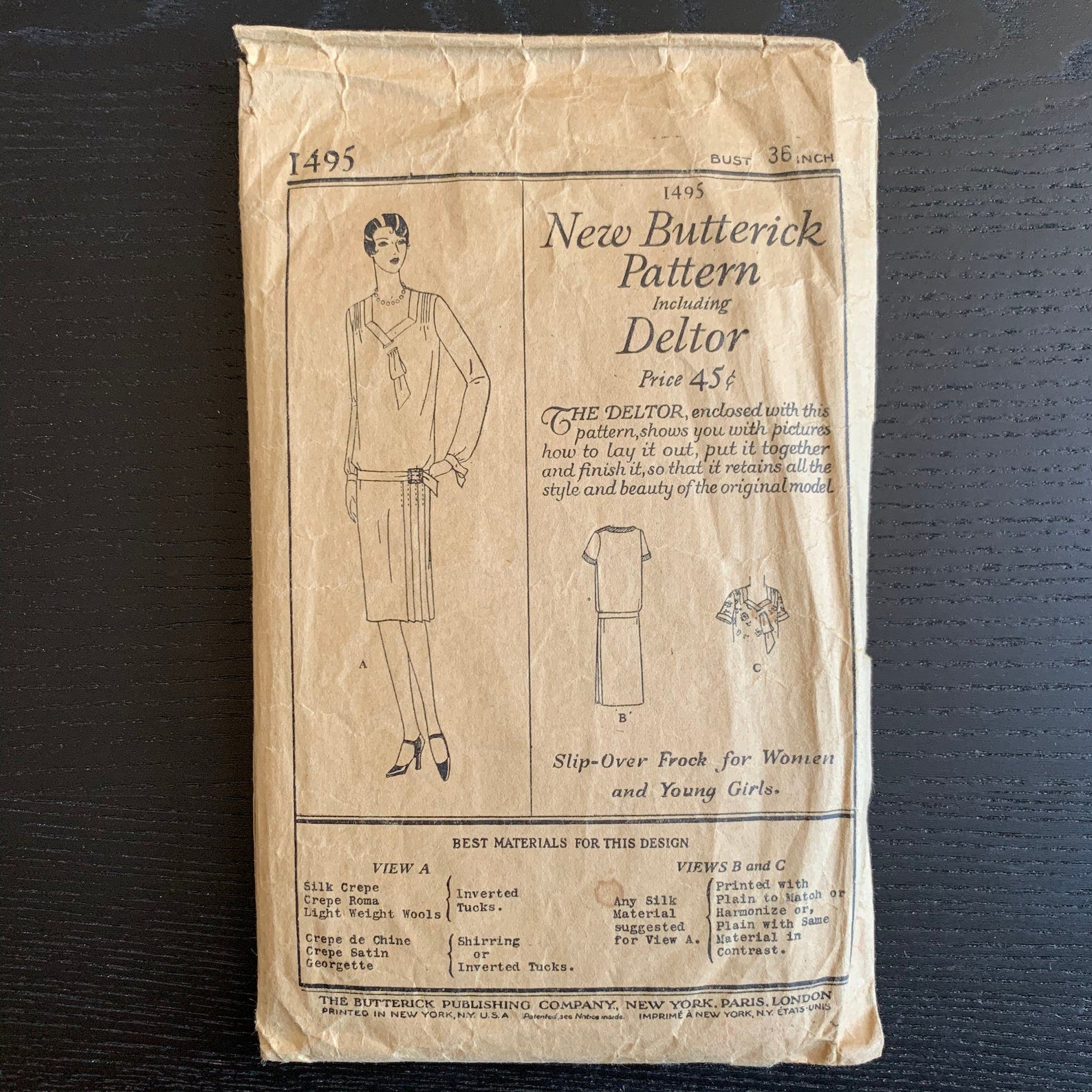 VINTAGE 1920s Butterick Deltor Sewing Pattern 1495 Slip-over Dress for Women and Young Girls, Size 36" Bust, 38" Hip