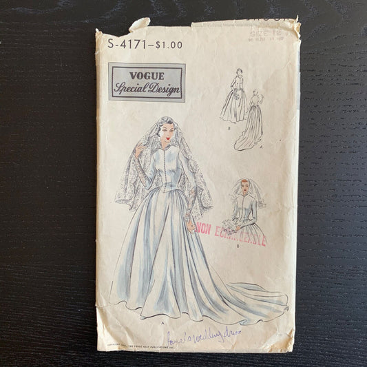 Vintage 1950s Wedding Dress Sewing Pattern, Vogue Special Design S-4171, 50s Bridal Gown, Bust 30"