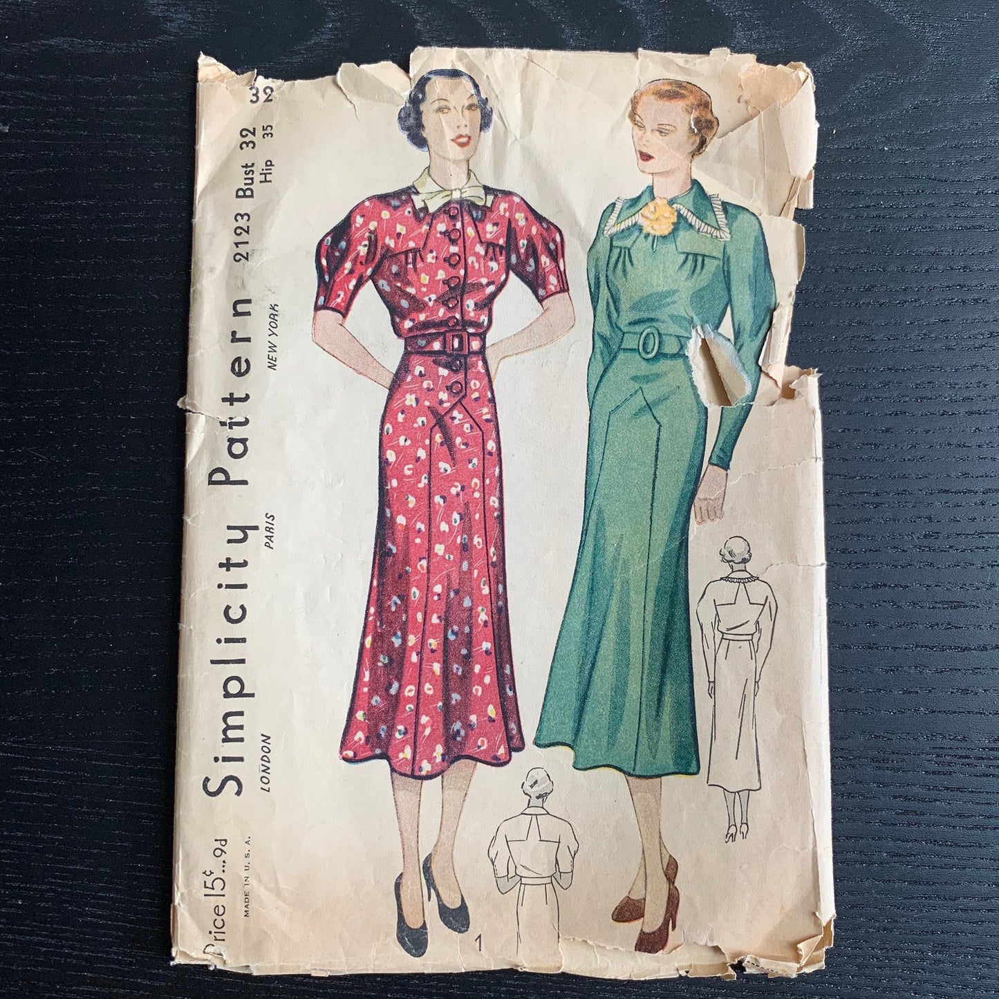 1930s Womens Dress Sewing Pattern Simplicity 2123, Vintage 30s Pattern, Long or Short Sleeves, Bust 32", Incomplete Missing One Collar Style