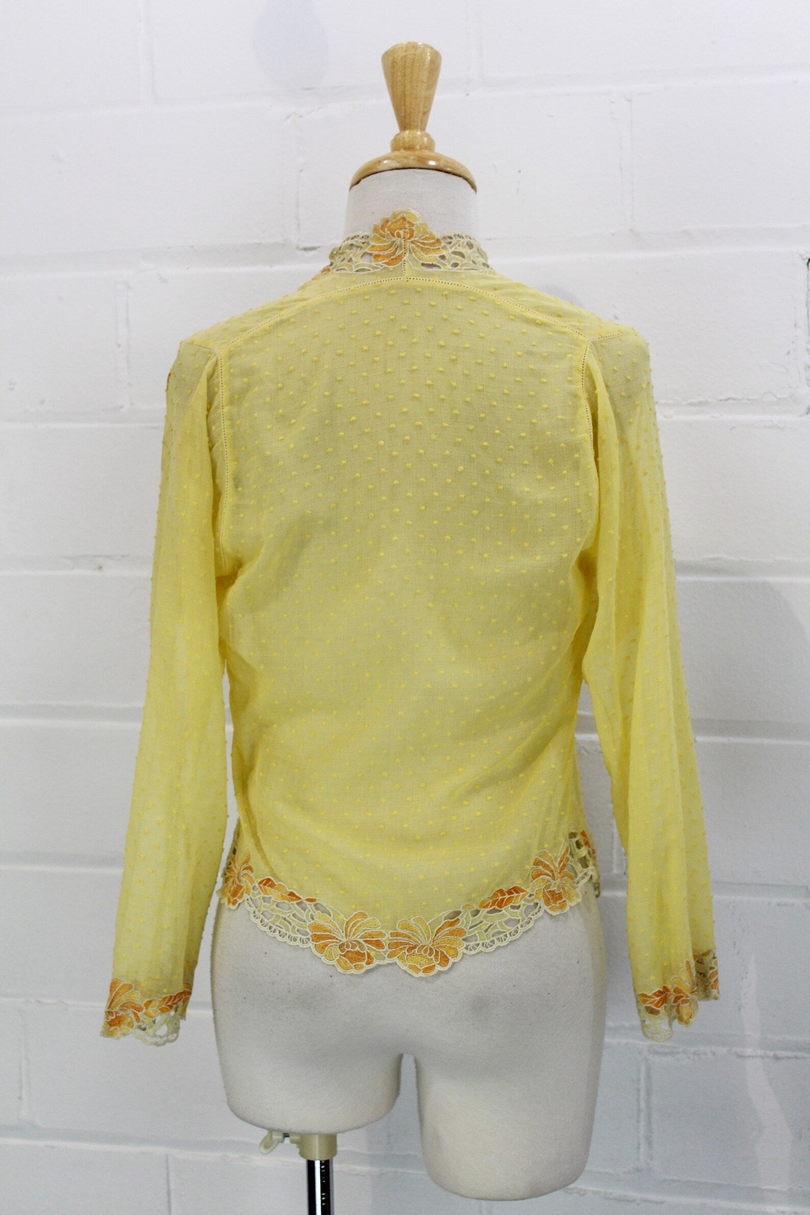 Vintage 1930s Yellow Cotton Swiss Dot Cardigan/Jacket with Orange Lace Trim, Size Small