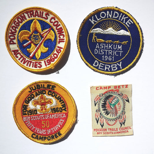 Vintage 60's Boy Scout Event Badges, Klondike Derby, Jubilee Camporee, Camp Betz Pokagon Trails, Boy Scouts of America, Set of 4 Appliques