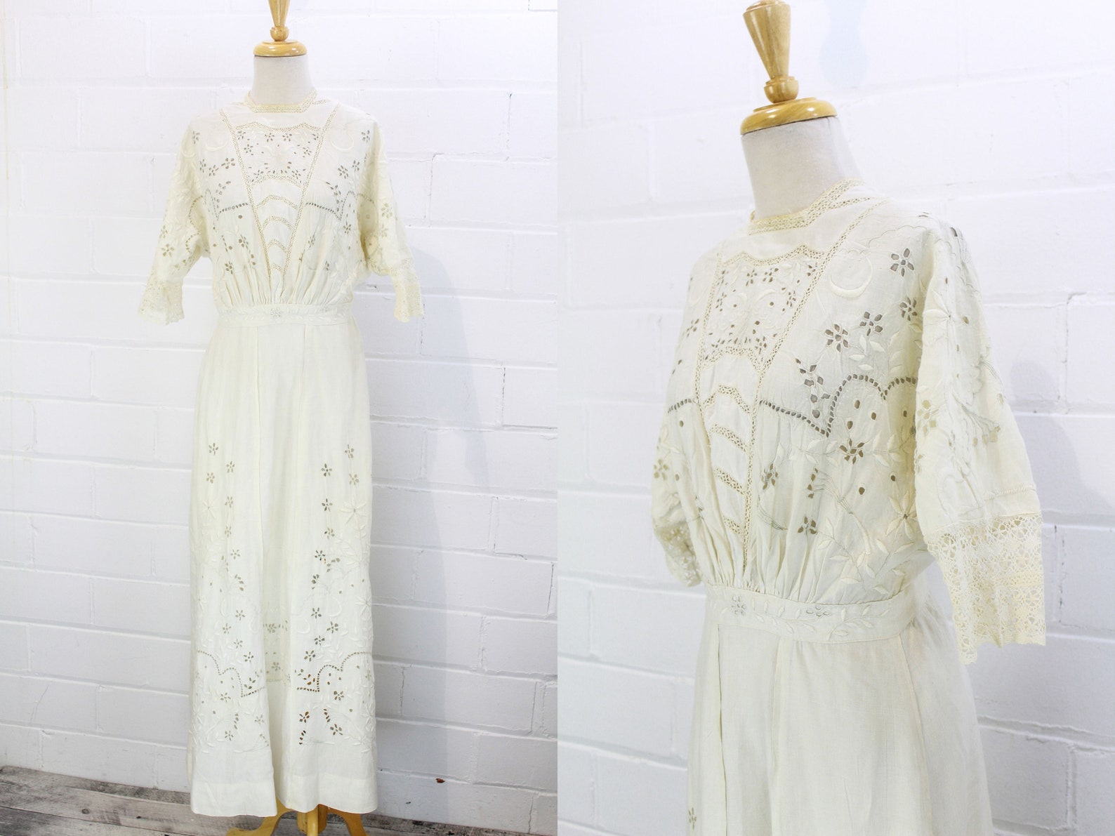 Antique 1900s White Cotton Gown with Embroidered Flowers, Eyelets, Dolman Sleeves, Button Up Back