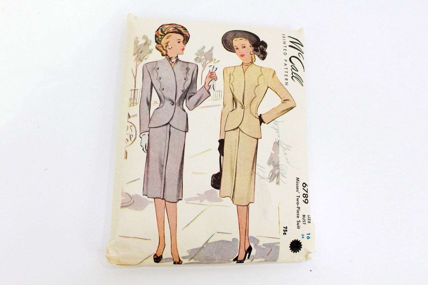 1940s Womens Suit Sewing Pattern, McCall 6789, Vintage Pattern, Jacket and Skirt Pattern, Size 16, Bust 34 in., Pre-Cut, Complete, Unused