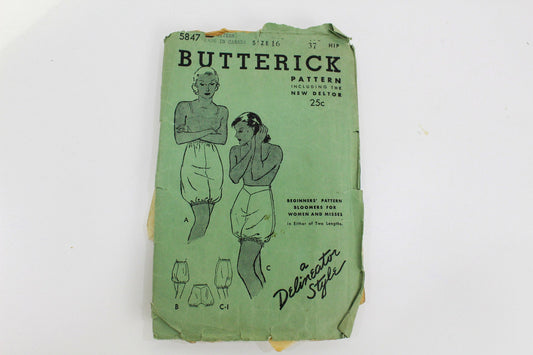 Vintage 1930s Women's Bloomers Sewing Pattern, Butterick 5847, Beginner's Pattern, Delineator Style, 37" Hip, Complete