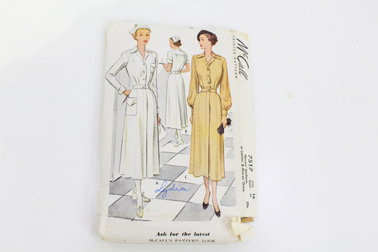 Late 1940s Women's Nurses' Uniform Sewing Pattern McCall 7517, Vintage 40s Authentic Period Nurses' Costume Pattern, Complete, Bust 34 in.