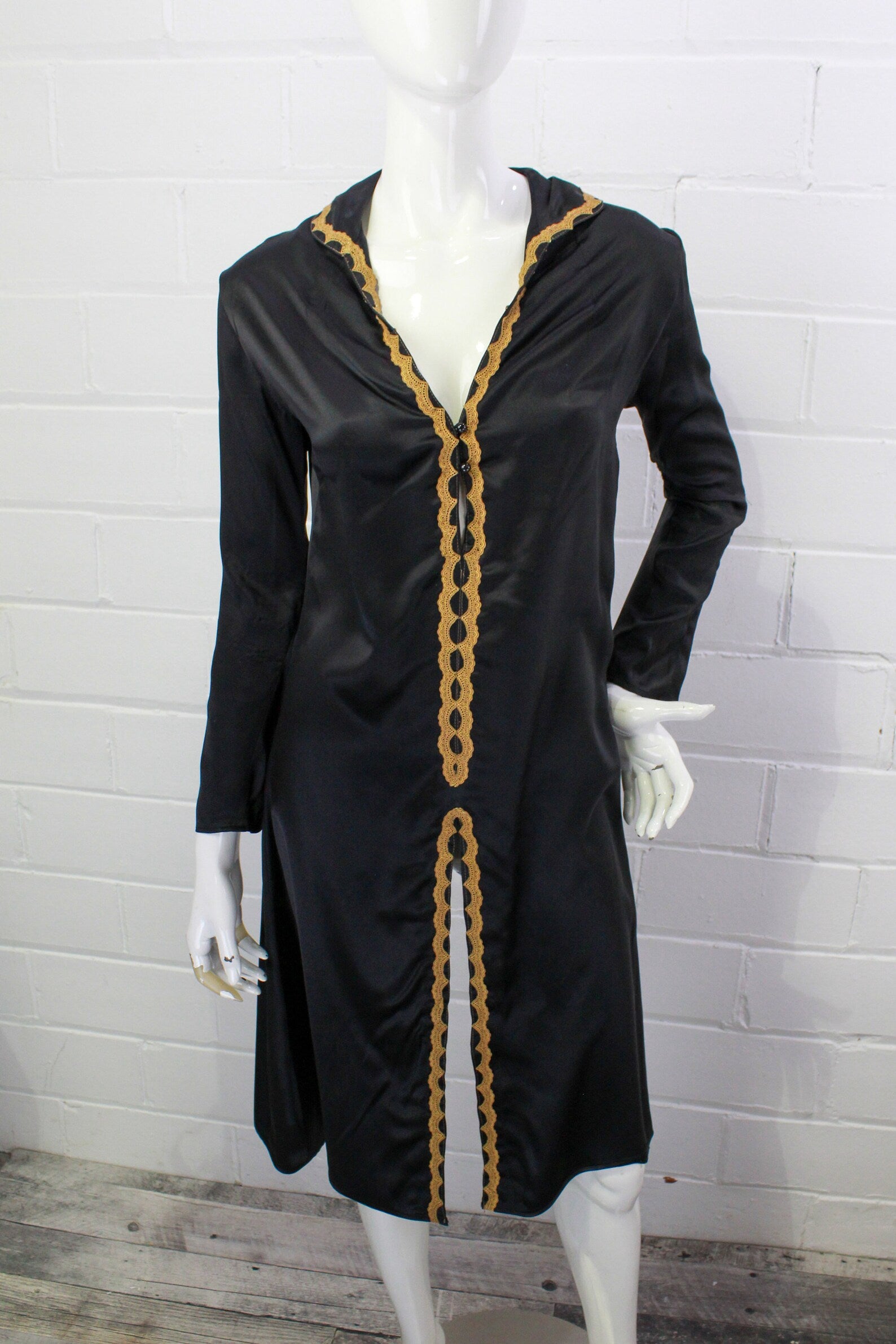 Reproduction 1930s style Black Liquid Satin Long Sleeve Tunic Dress, Small. Ian Drummond Vintage. 