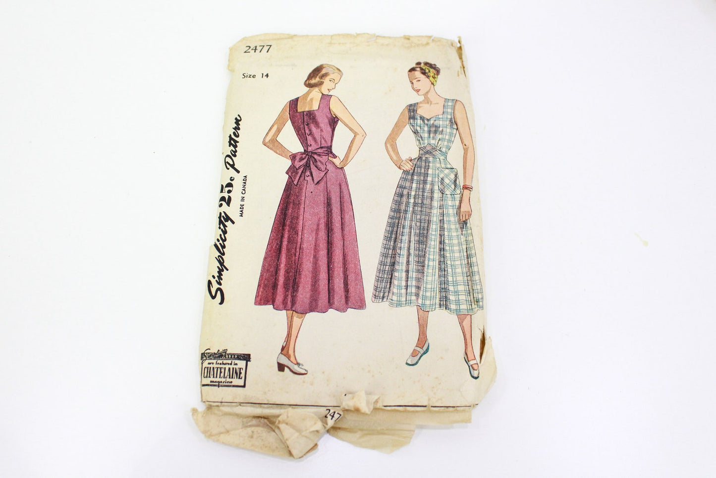 1940s Women's Dress Sewing Pattern Simplicity 2477, Vintage Summer Dress with Bow Sewing Pattern, Pre-Cut, Complete, Bust 32 in.