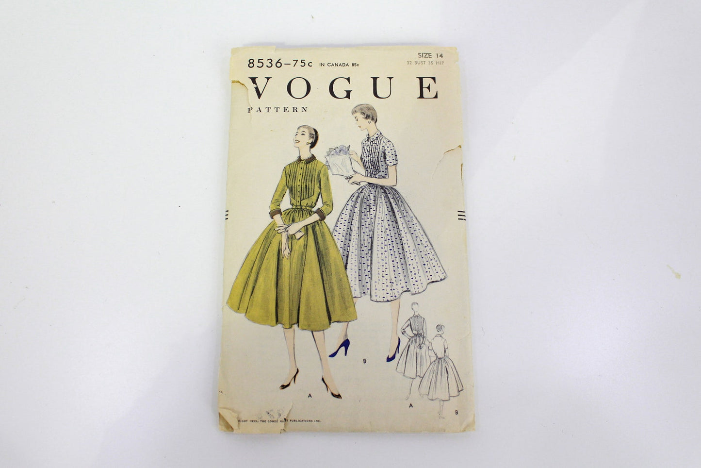 1950s Women's Dress Sewing Pattern Vogue 8536, Vintage 50s Dress Pattern, Short or Long Sleeves, Full Skirt, Bust 32 in., Complete