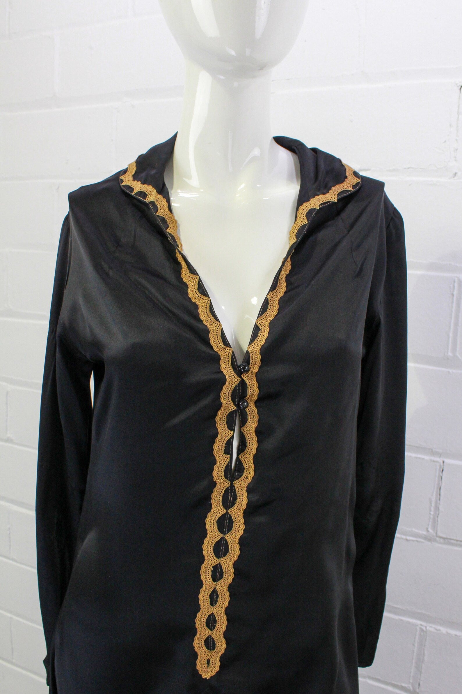 Reproduction 1930s style Black Liquid Satin Long Sleeve Tunic Dress, Small. Ian Drummond Vintage.