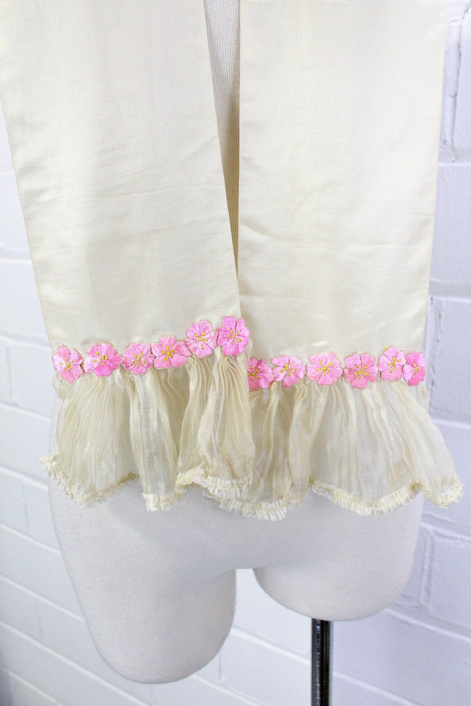 Antique Silk Sash Belt/Scarf with Appliquéd Embroidered Pink Flowers Cherry Blossoms, Pleated Ruffle Ends, 1890s/Early 1900s