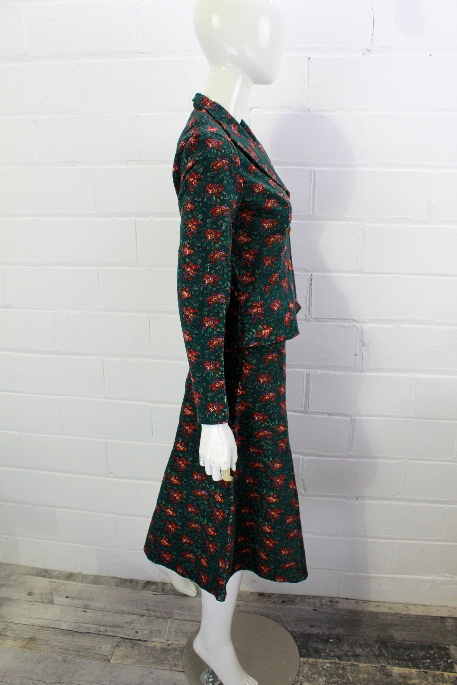 Vintage 1970s Corduroy Skirt Suit, Blazer and A-line Skirt, Teal Floral Print Corduroy, Deadstock, Small