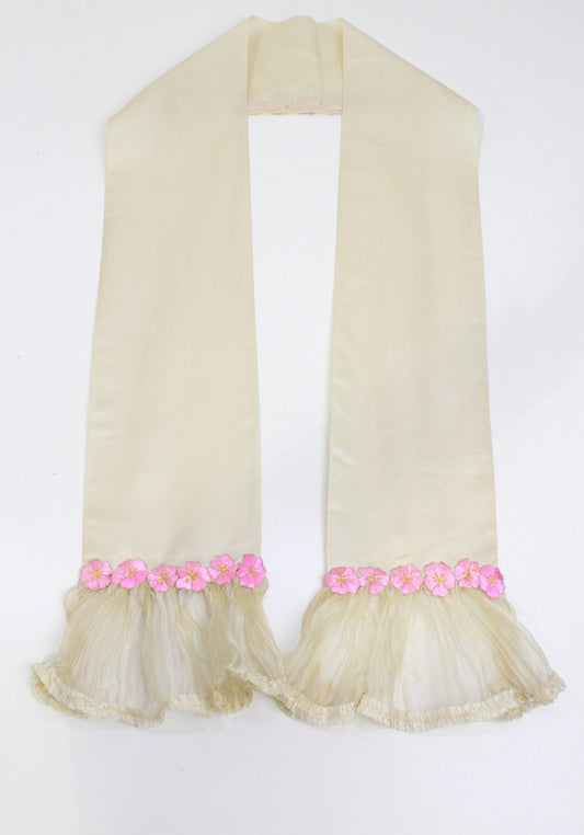 Antique Silk Sash Belt/Scarf with Appliquéd Embroidered Pink Flowers Cherry Blossoms, Pleated Ruffle Ends, 1890s/Early 1900s