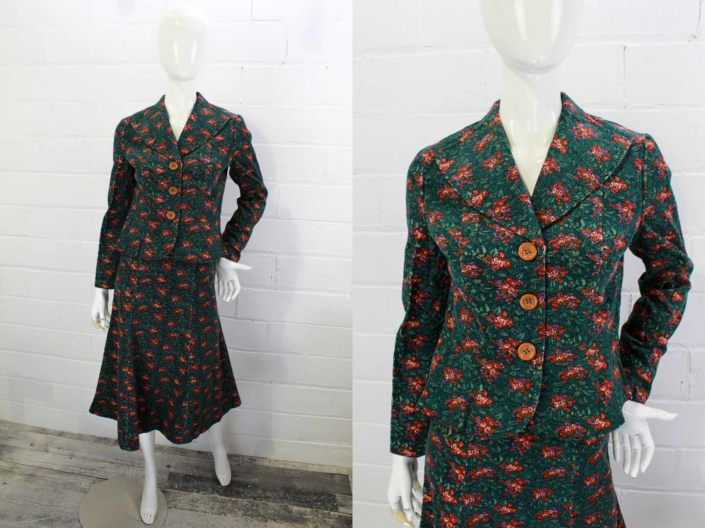 Vintage 1970s Corduroy Skirt Suit, Blazer and A-line Skirt, Teal Floral Print Corduroy, Deadstock, Small