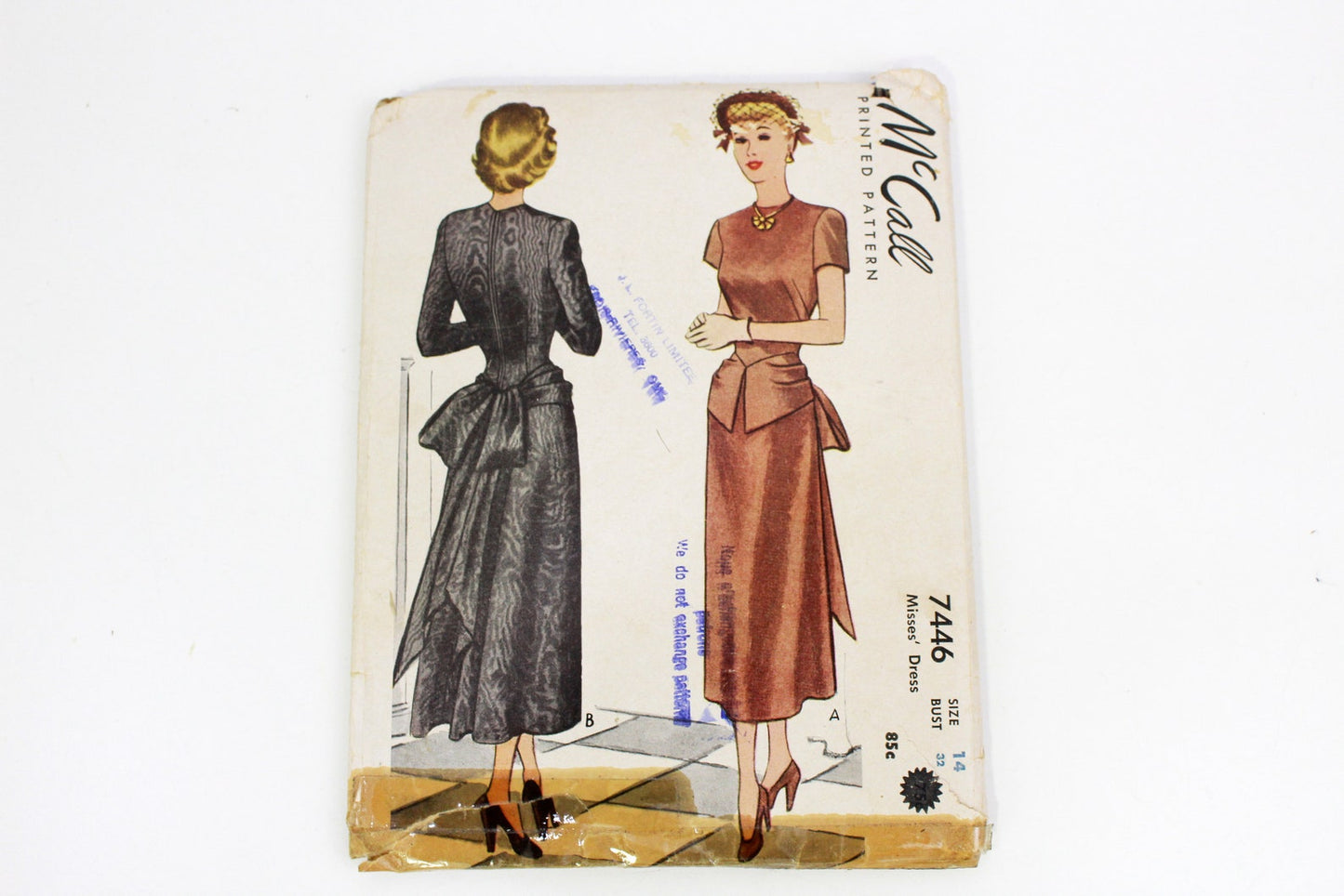 1940s Women's Dress Sewing Pattern McCall 7446, Vintage Sewing Pattern, Bust 32 in., Complete