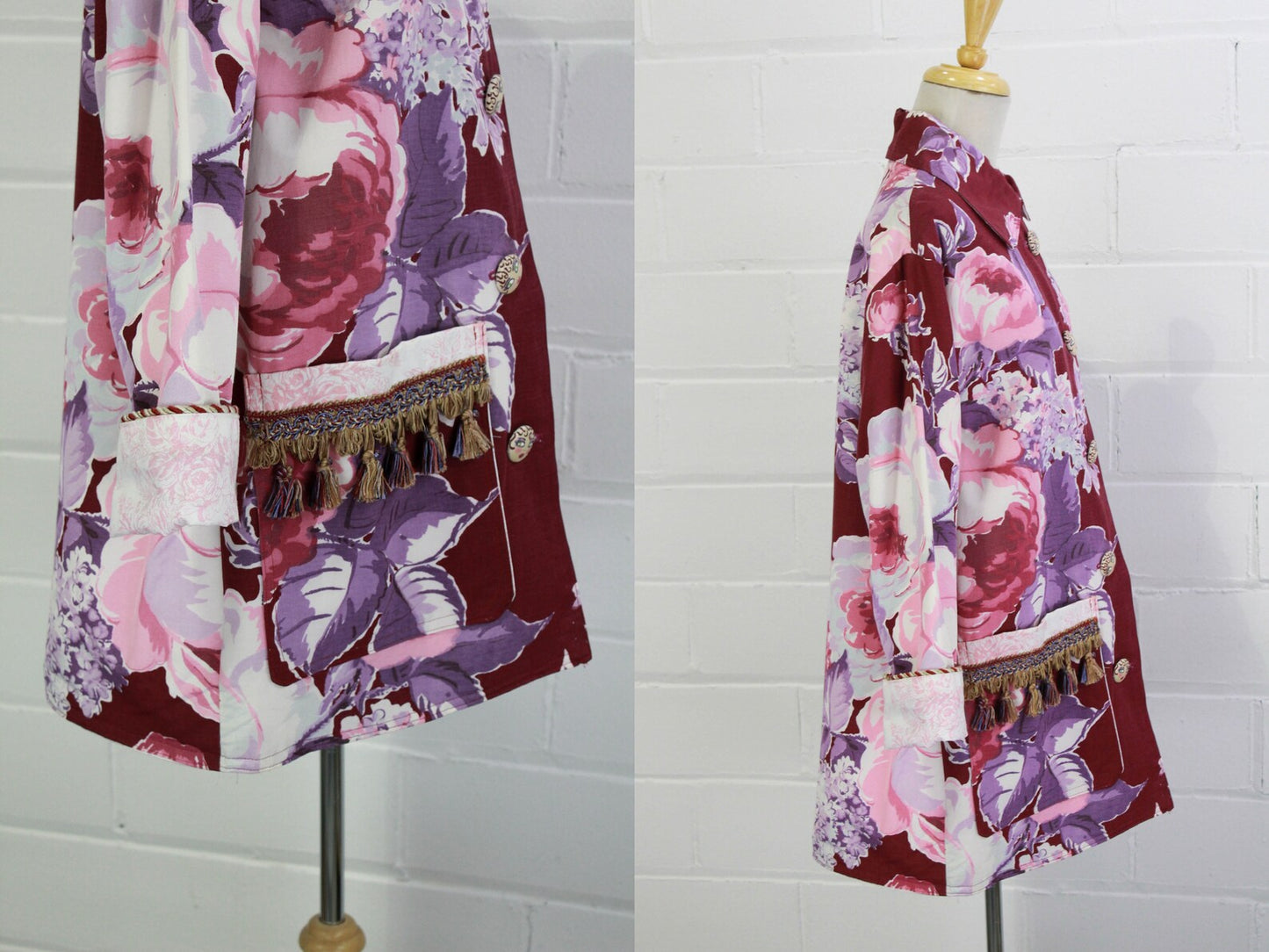 Vintage Upcycled Purple Floral Print Jacket, Medium, One of a Kind, Patch Pockets, Tassel Trim, Hand Painted Face Buttons