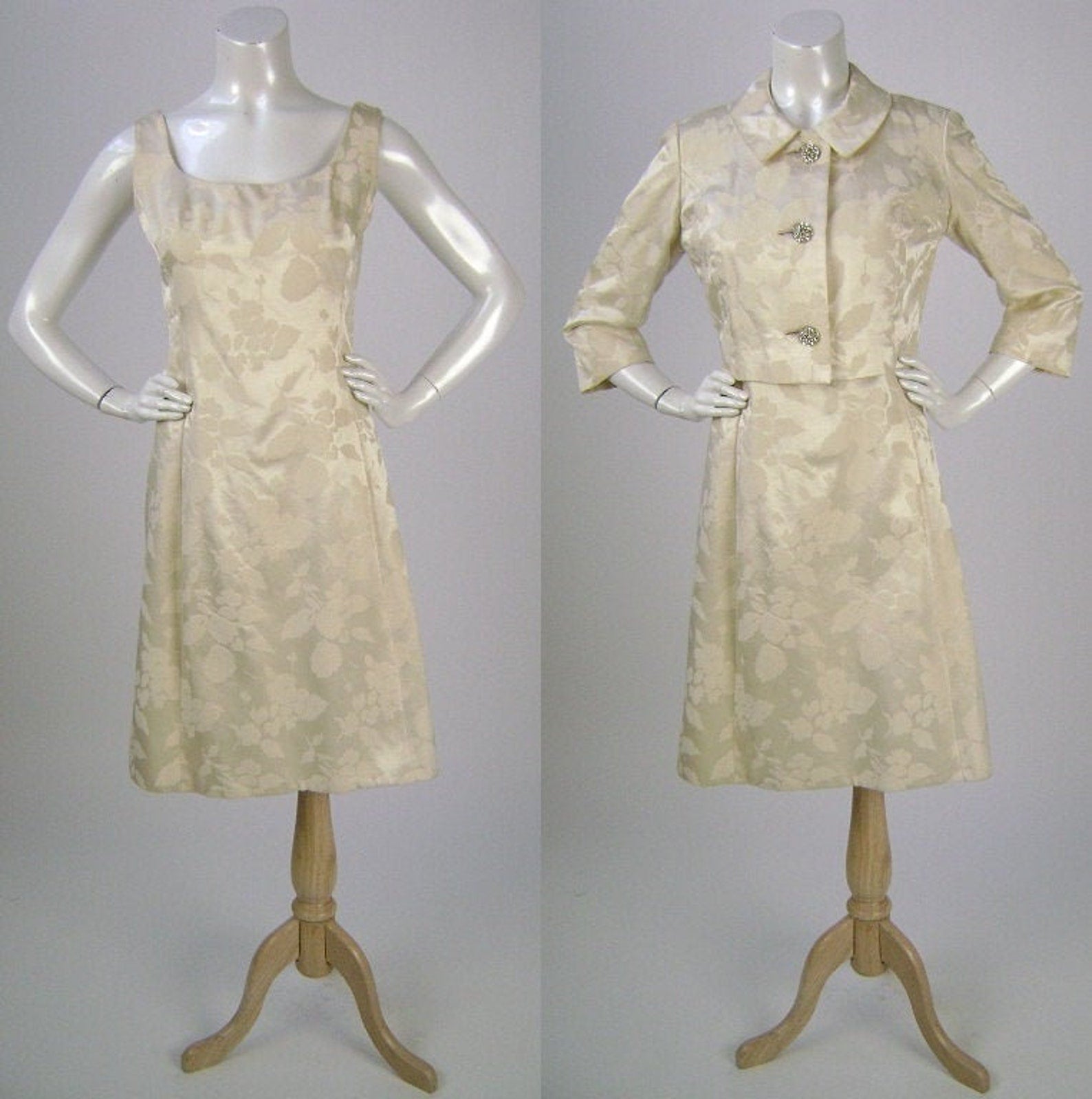 Vintage 1960s Cream Floral Brocade Wedding Suit, Dress & Jacket, Medium Vintage 1960s Cream Floral Brocade Wedding Suit, Dress & Jacket, Medium